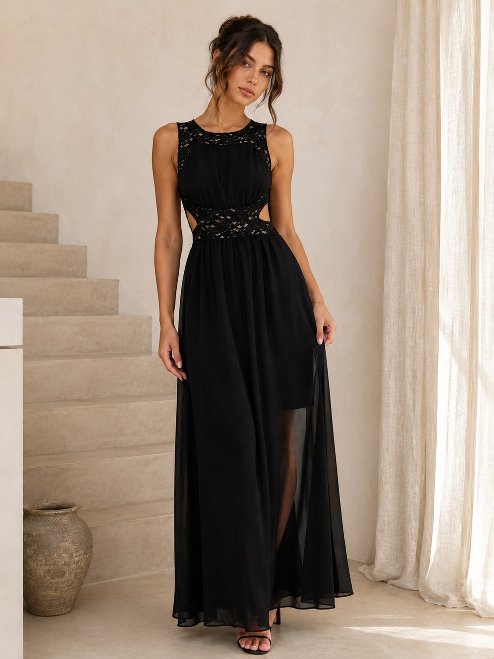 Sweet Storm Women's Black Lace Cutout High Low Maxi Dress Size Large Goth Boho